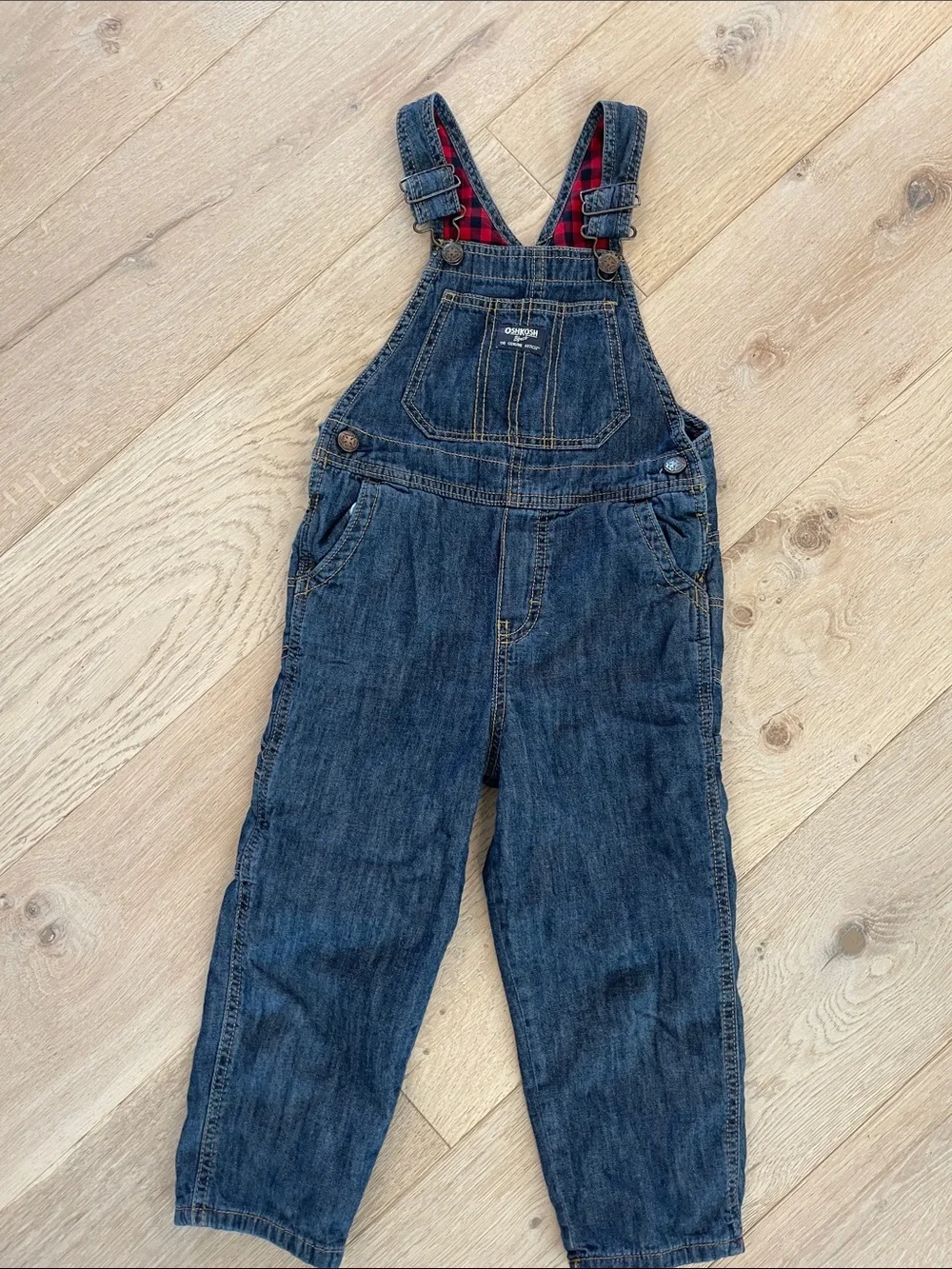 OshKosh B'gosh Dark Denim Overalls with Red Plaid Lining
